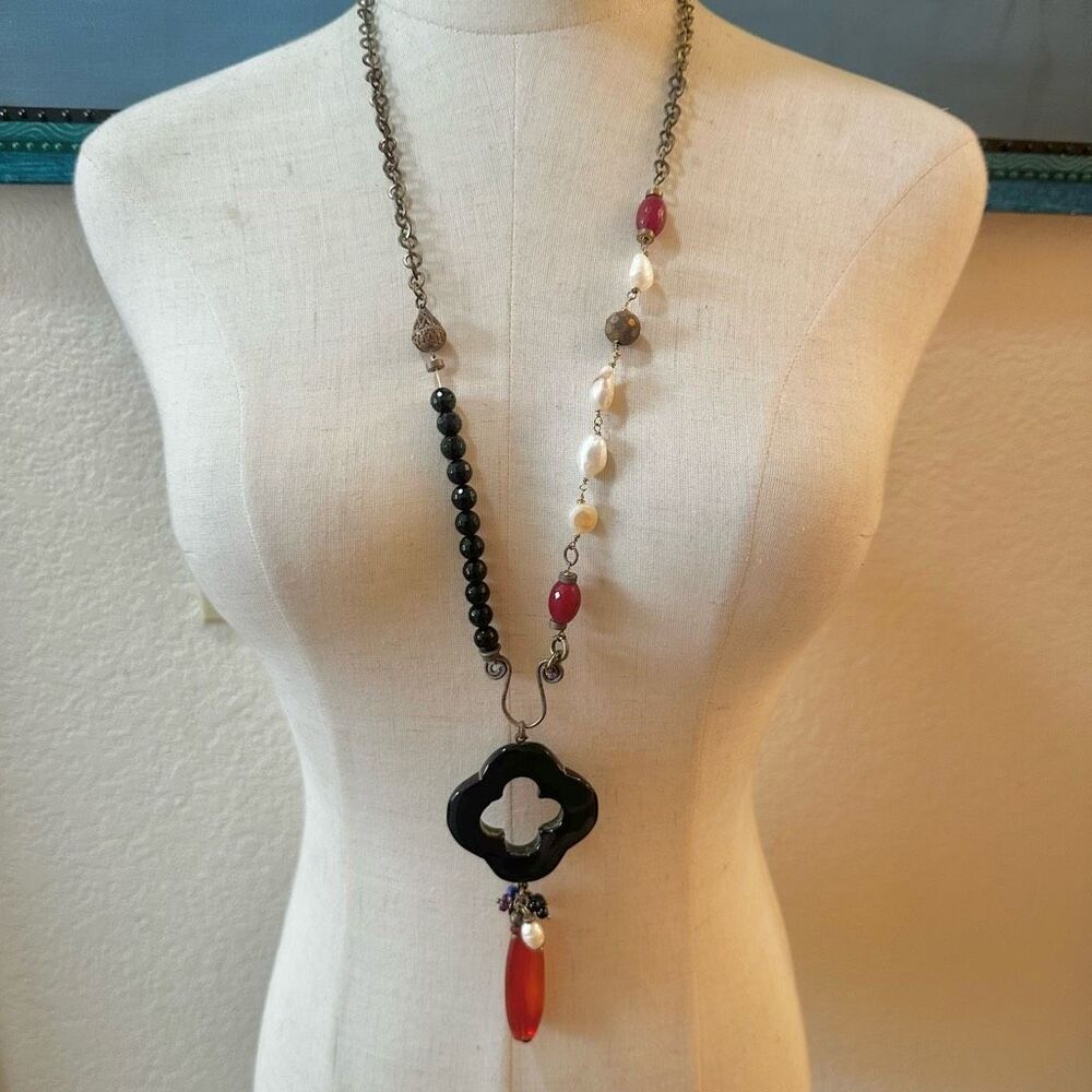 Carnelian pearl and garnet long pendant necklace